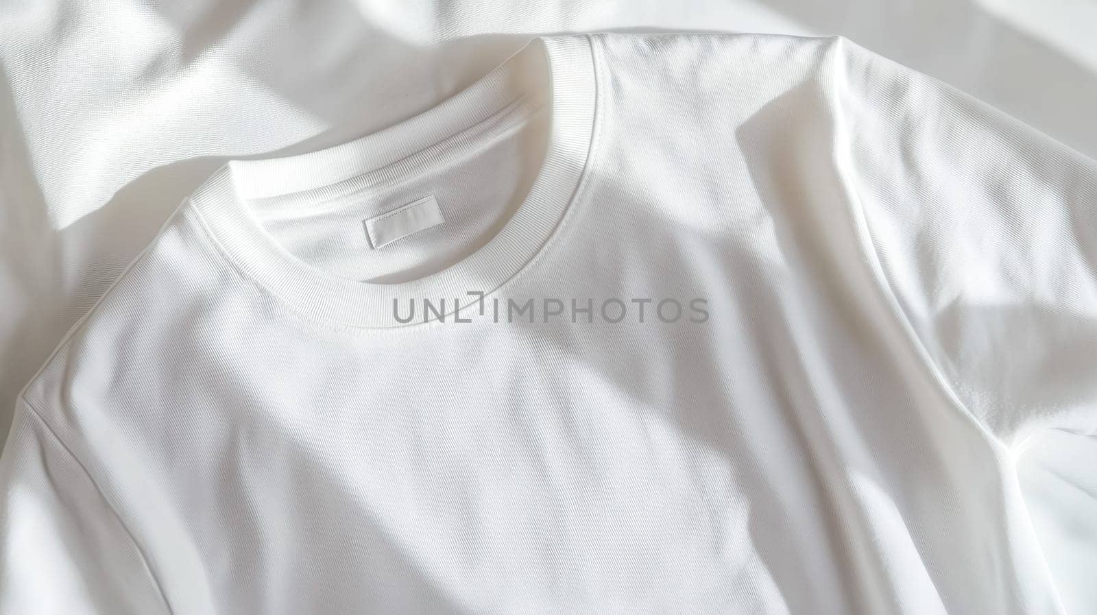 White t shirt mockup is lying flat on white fabric, showcasing its design and texture in a minimalist setting. The neutral background and natural lighting create a clean and modern aesthetic