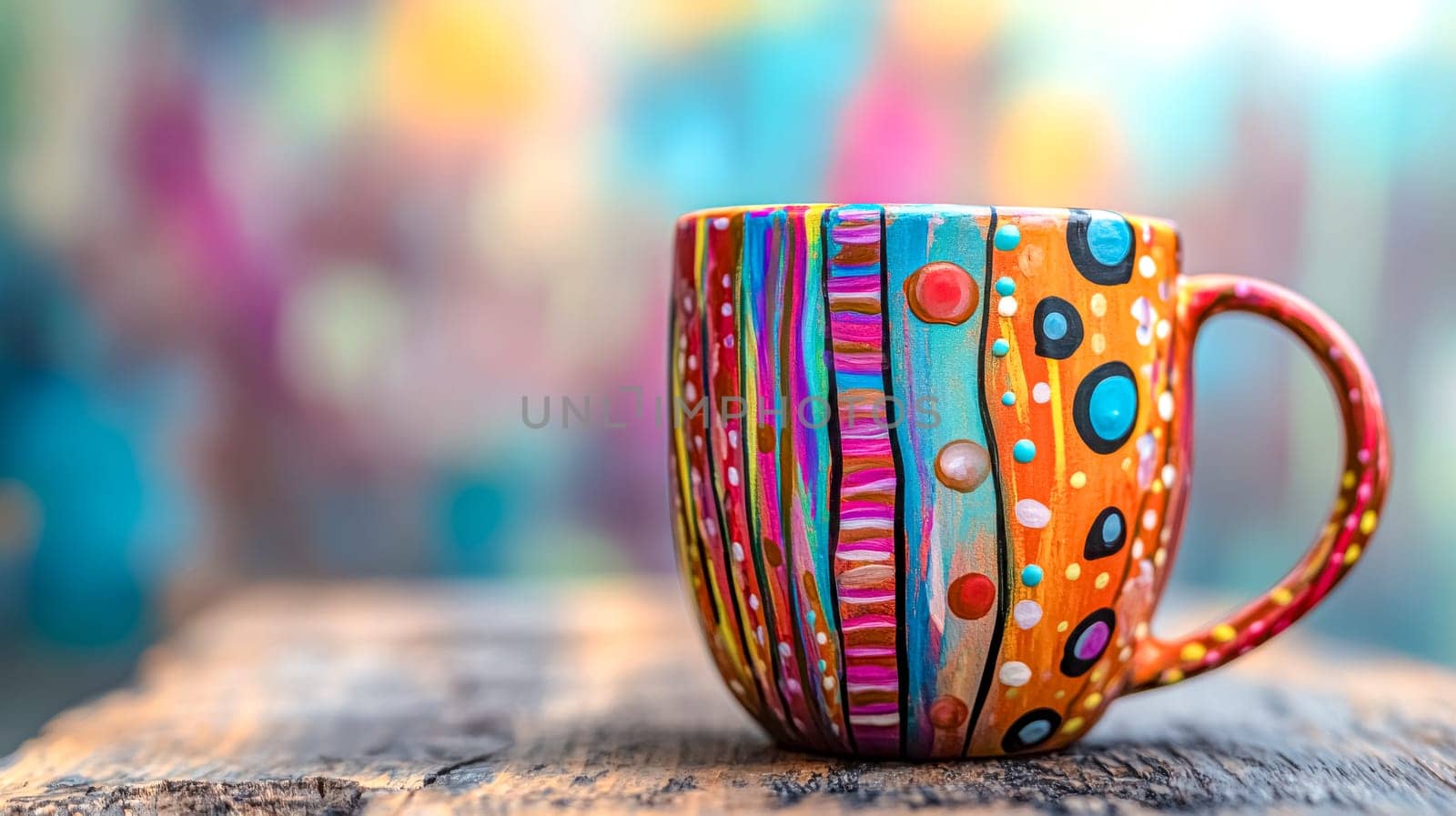 Colorful handmade ceramic mug with a unique design is standing on a rustic wooden surface, with a vibrant, bokeh background