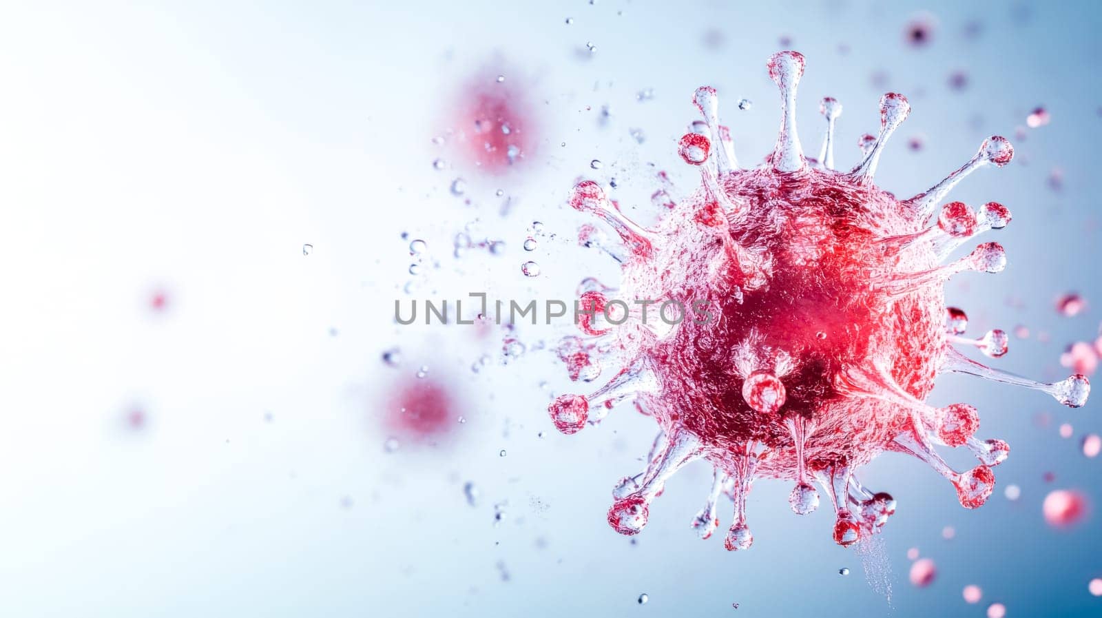 Close up view of dangerous virus spreading through water droplets in the air, highlighting microscopic details and emphasizing healthcare importance in combating outbreaks