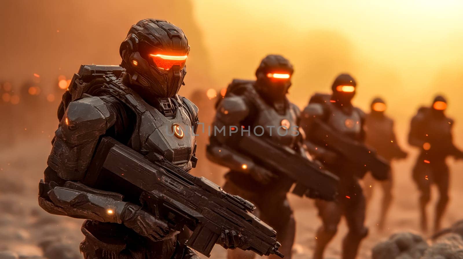 Squad of futuristic soldiers in advanced armor are marching across a dusty battlefield, armed with high tech weaponry. The setting sun casts an eerie glow on their visors as they advance