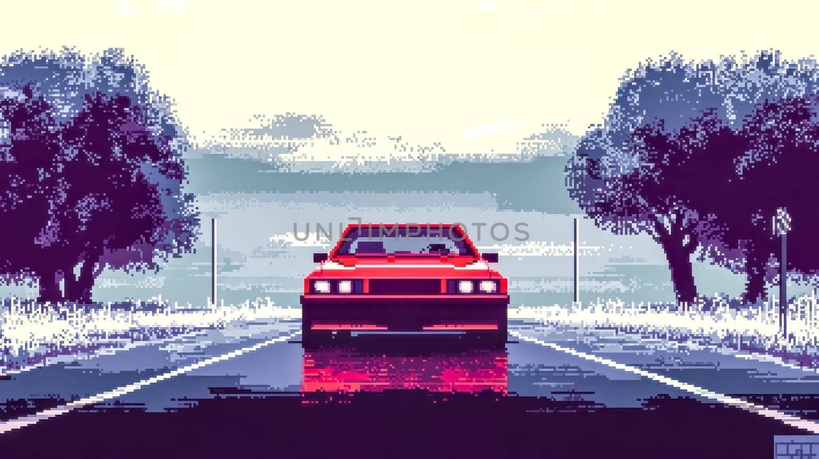Pixel art illustration of a red car driving down a paved road with trees on either side and a purple, hazy sky in the distance