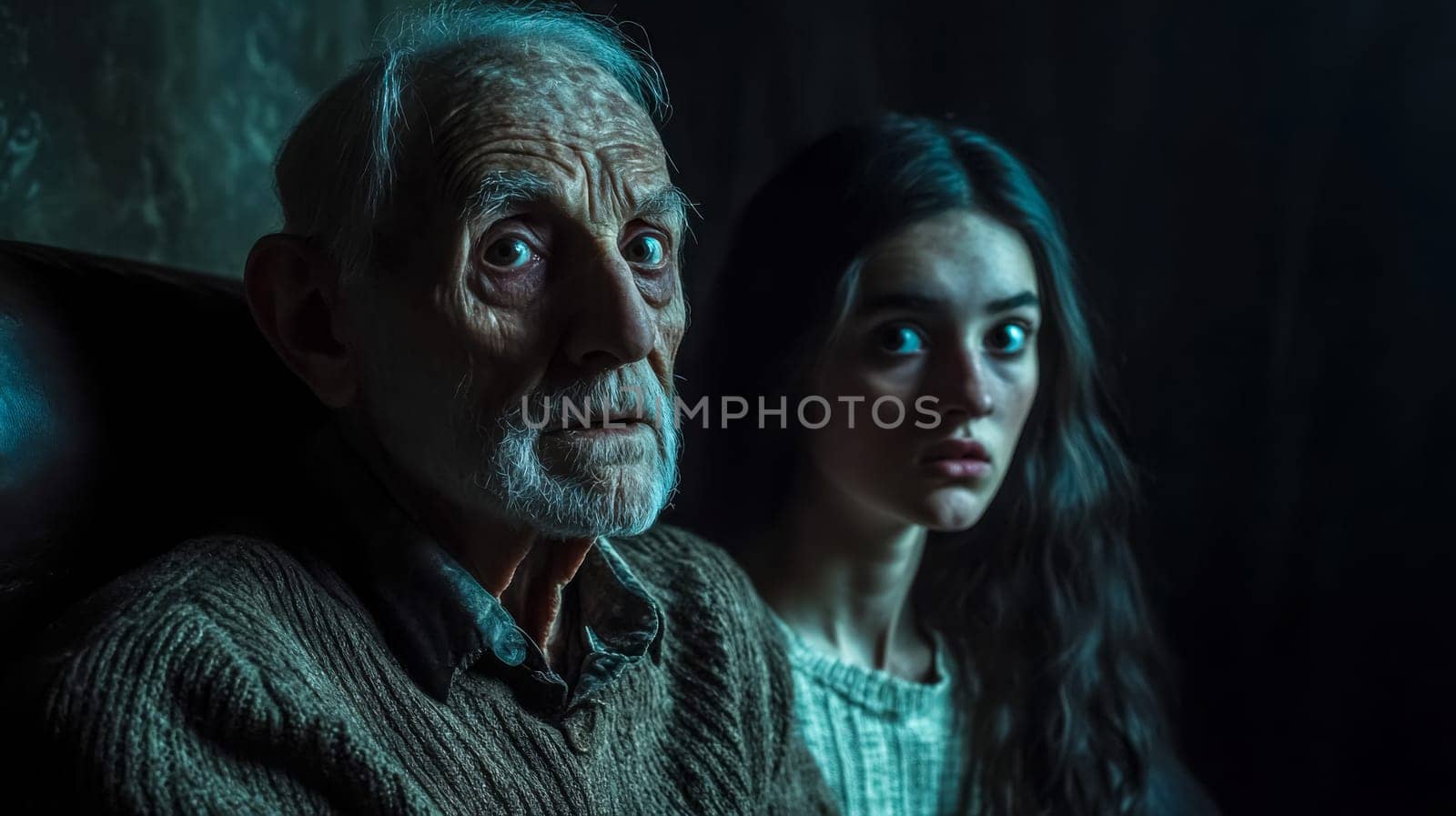 Senior man and a young woman are illuminated by an eerie blue light, their faces etched with fear and uncertainty. The darkness surrounding them adds to the palpable sense of dread