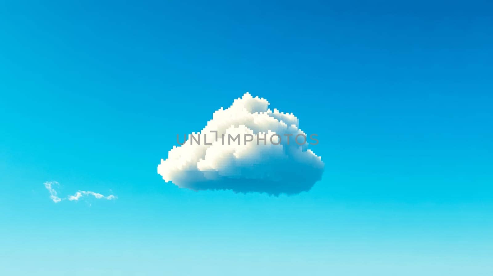 Single, pixelated cloud floats serenely in a bright blue sky, evoking a sense of digital artistry and the intersection of technology and nature