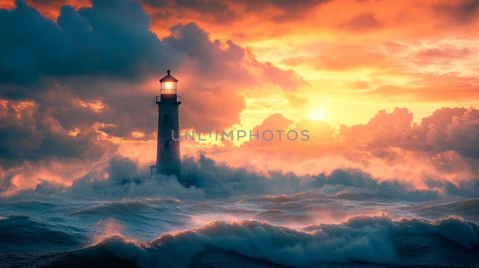A lighthouse against a hazy, atmospheric background of crashing waves and a glowing summer sunset. AI generated