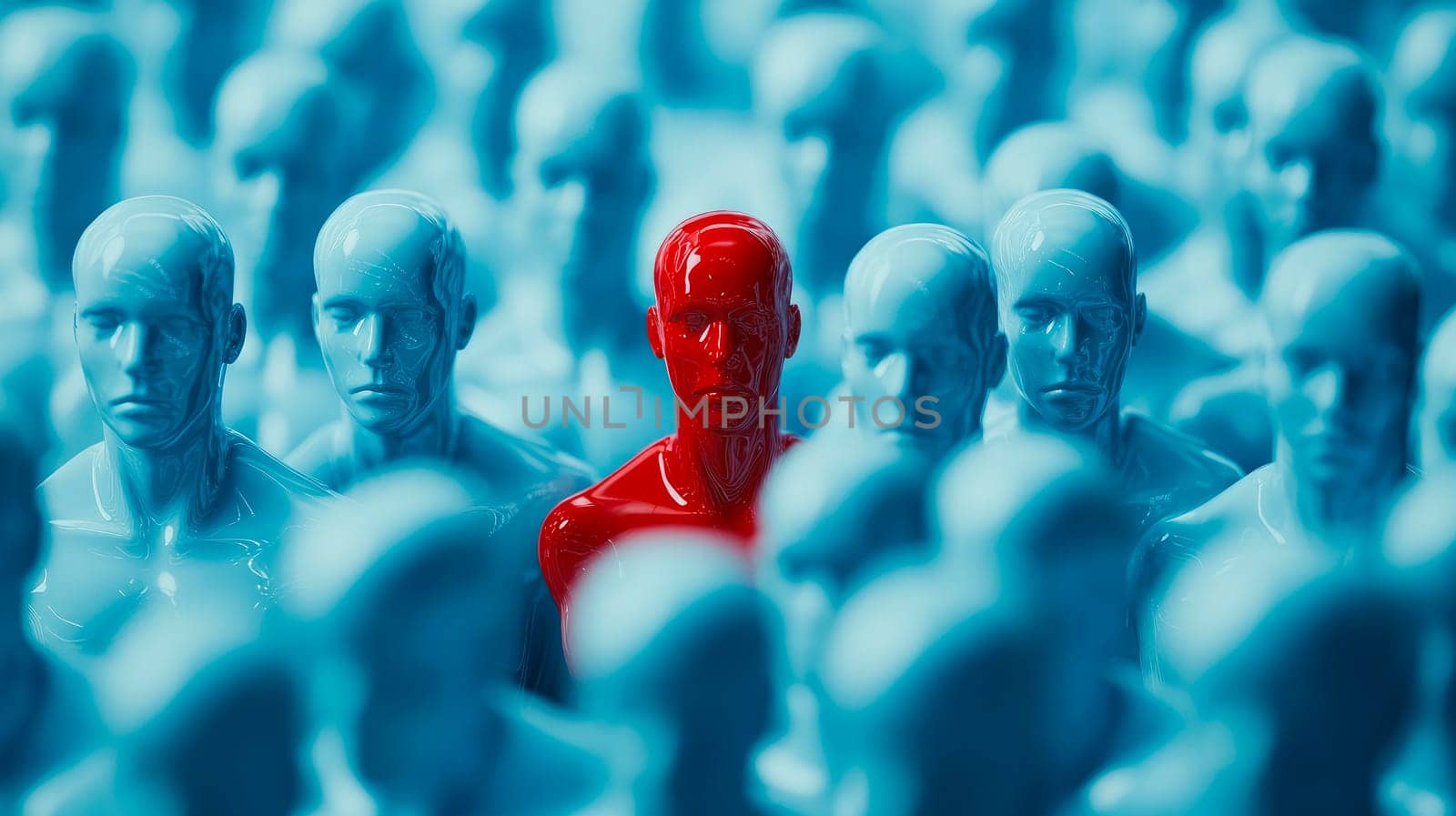Blue glossy mannequins arranged in a rows with one red mannequin standing out from among them. AI generated