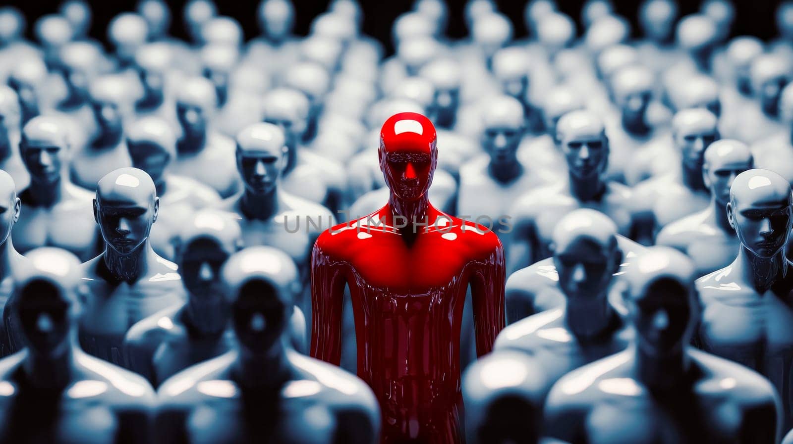 White glossy mannequins arranged in a rows with one red mannequin standing out from among them. AI generated