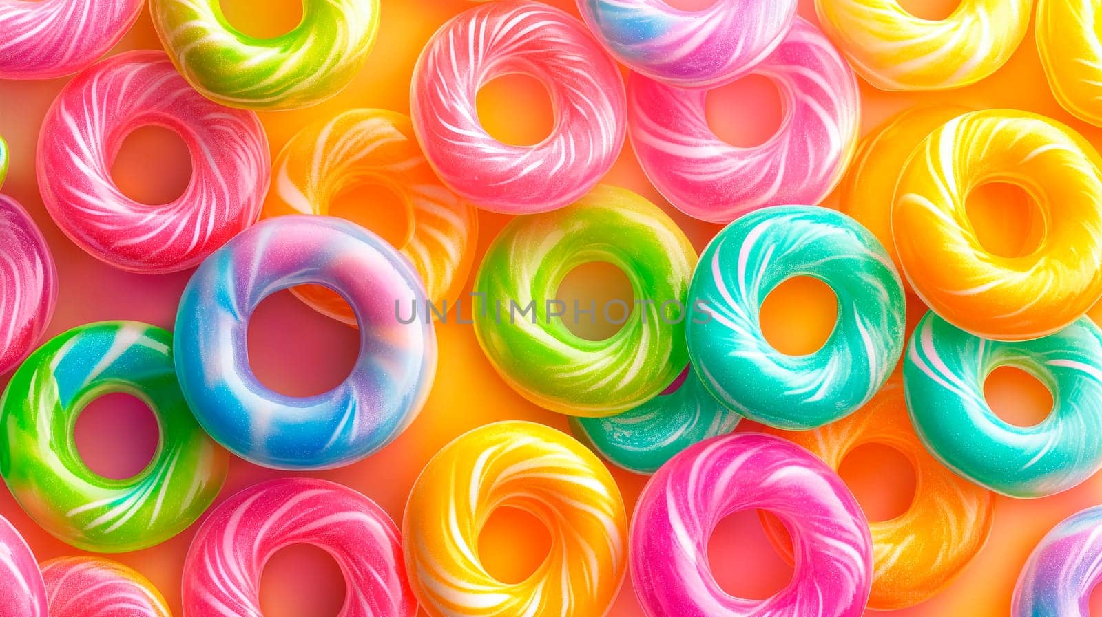 Top down view of bright colourful gummy rings. AI generated