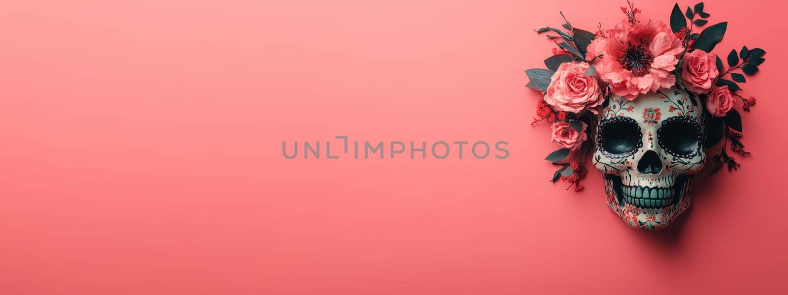 Day of the Dead or Sugar Skull decorated with flowers on pink background with copy space