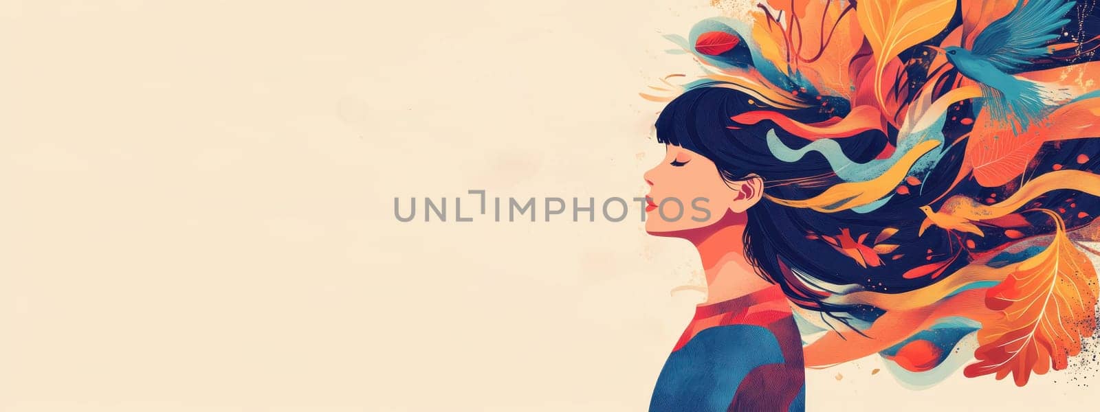 Woman with Colorful Feathers and Birds in Hair, Freedom and Imagination