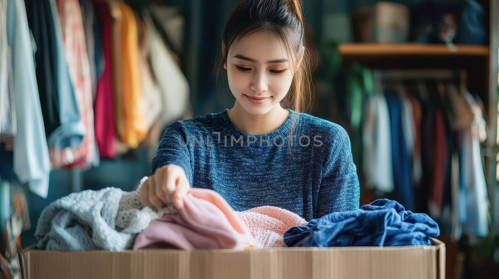 Young Woman Organizing Clothes in Donation Box, Decluttering and Charity