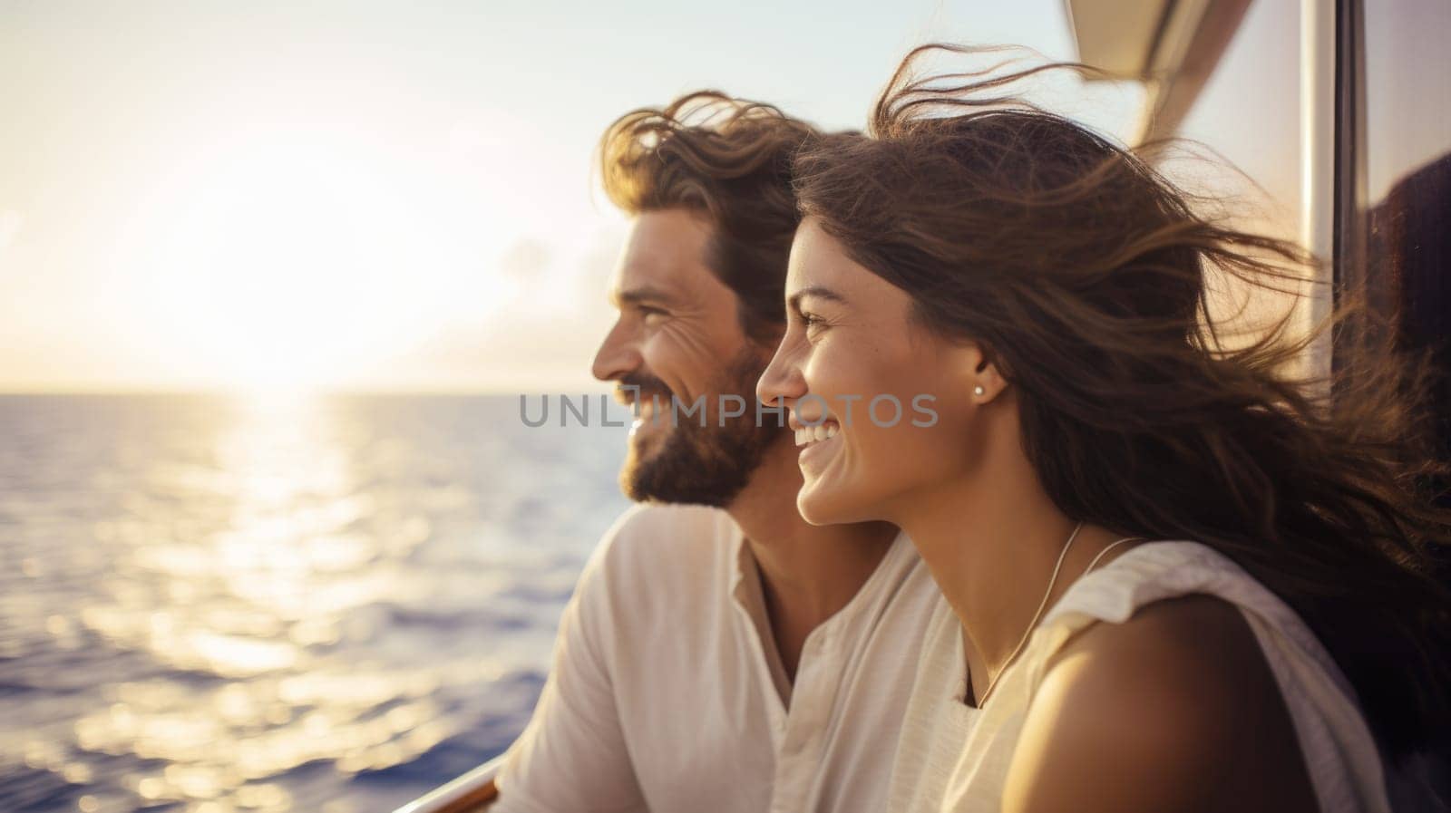 Couple smiling on cruise ship deck with ocean view in background, AI Generated