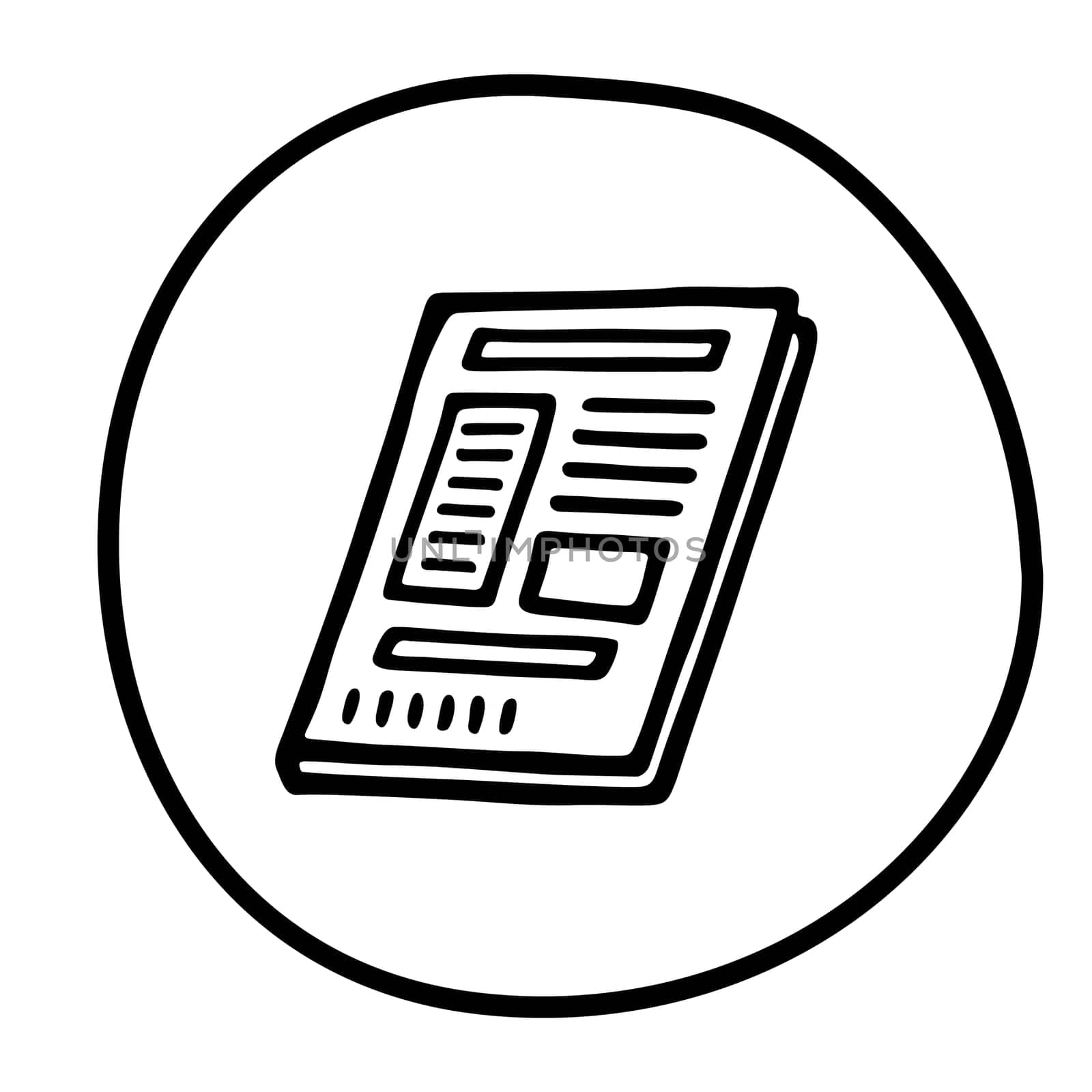 Doodle newspaper icon or logo, hand drawn with thin black line. Isolated on white background. Vector illustration