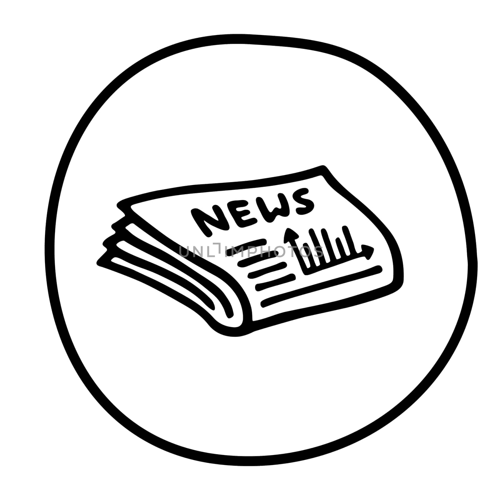 Doodle newspaper icon or logo, hand drawn with thin black line. Isolated on white background. Vector illustration