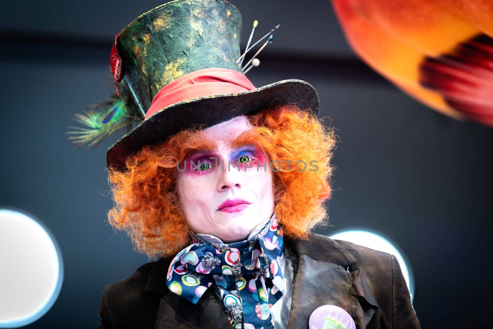 Janvuary 07 2024 Chassieux Eurexpo Auvergne Rhone Alpes France : Cosplay festival near Lyon in a free space. a man portrays the Mad Hatter from Alice in Wonderland.