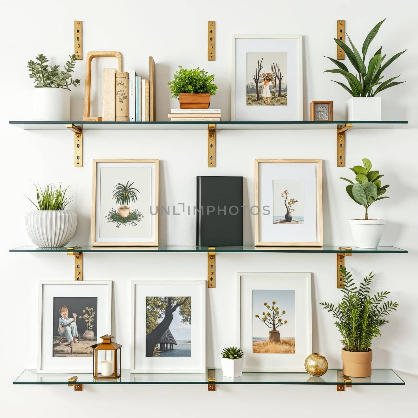 Modern interior design featuring glass shelves with potted plants, framed art prints, and decorative objects, showcasing a blend of nature and aesthetics.