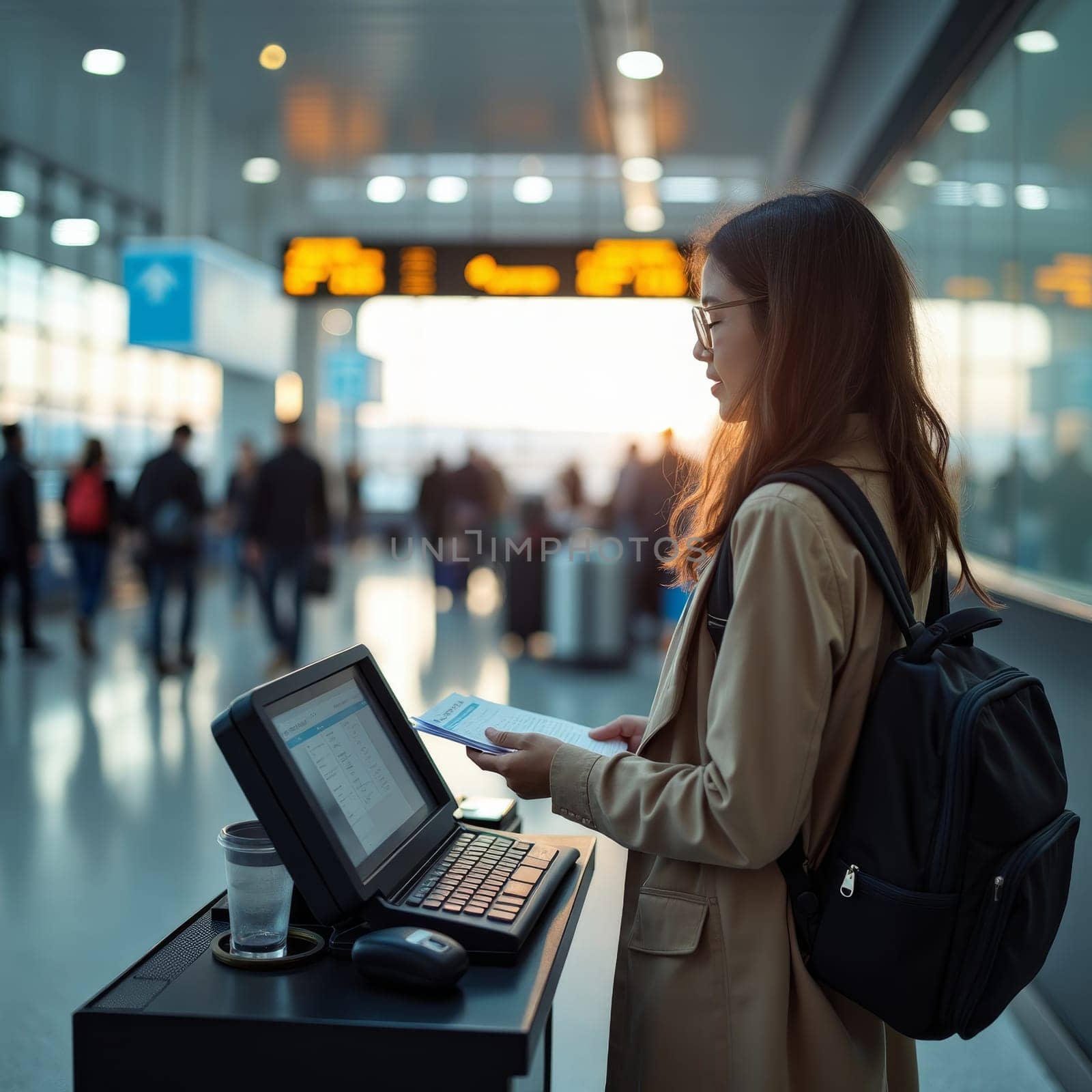 Young Asian woman using laptop and smartphone at an airport terminal, showcasing modern travel and mobile work lifestyle against a backdrop of departure boards.