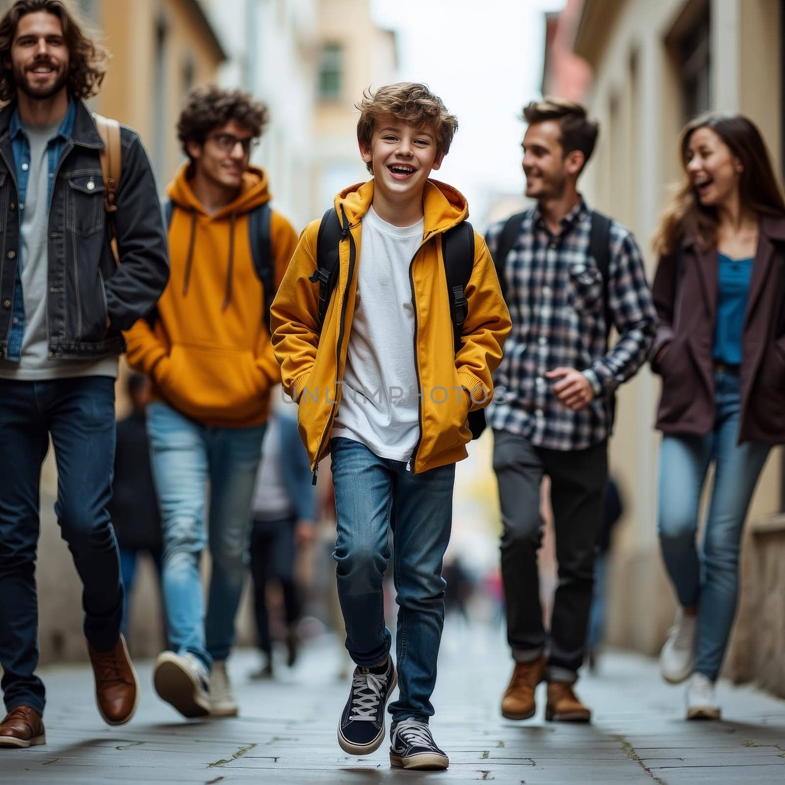 A young boy in a yellow jacket laughs joyfully while walking with a group of diverse friends through a narrow European city street, exuding happiness and camaraderie.