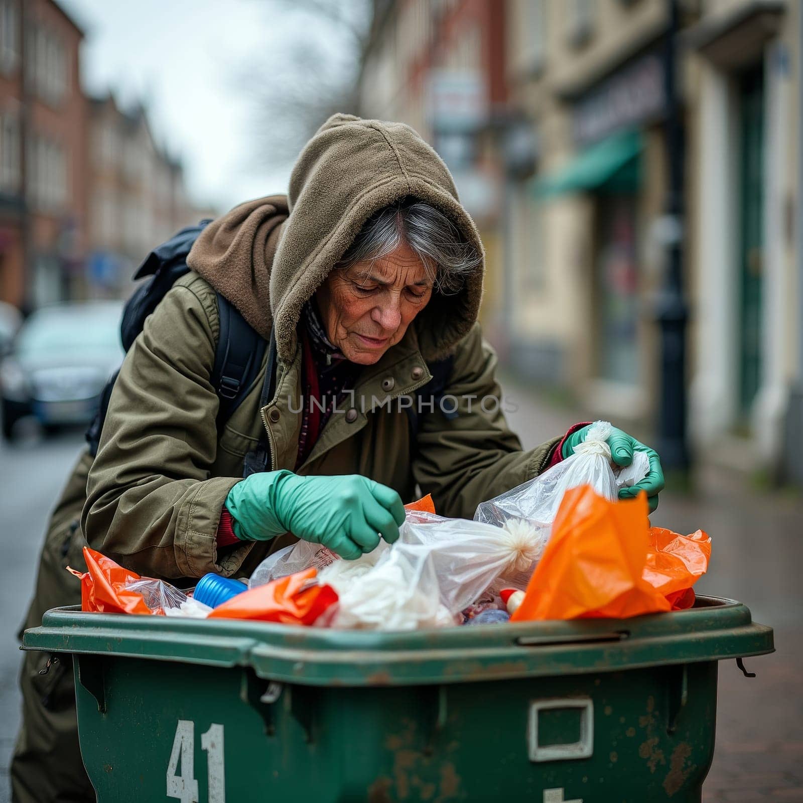 A senior woman in warm clothing searches through a green trash bin on a city street, highlighting issues of poverty and homelessness in urban environments.