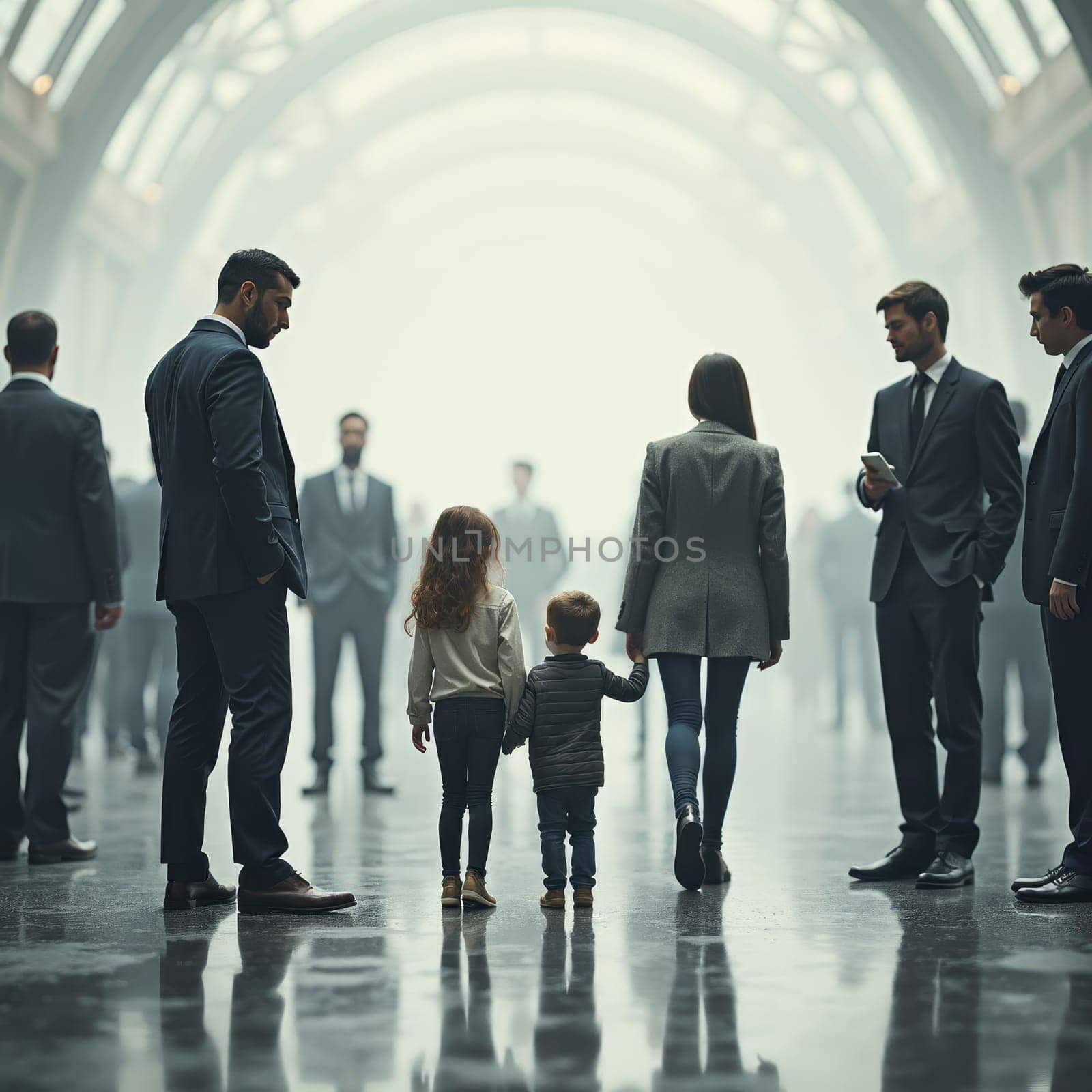 Two young children holding hands surrounded by businesspeople in a futuristic corridor, depicting innocence amidst corporate environment.