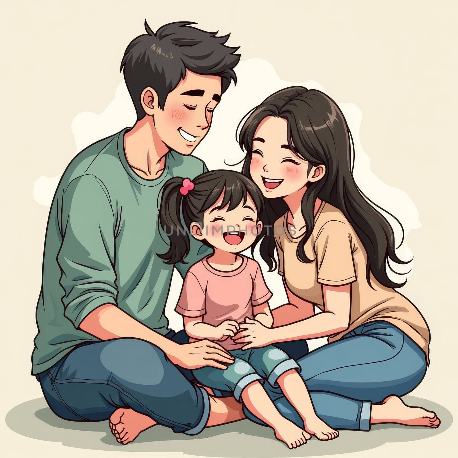 Illustrated happy Asian family with father, mother, and young daughter sitting together, showcasing love, unity and joy in a warm, stylized cartoon style.