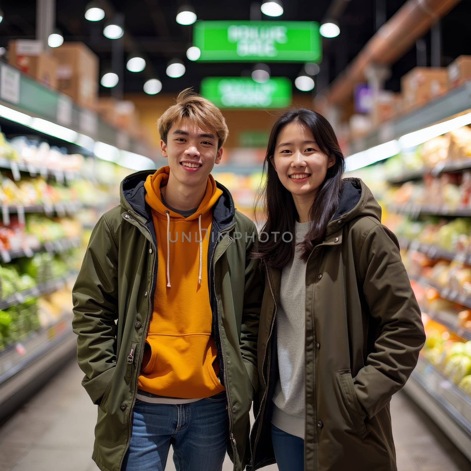 A young man and woman smiling in a grocery store aisle, enjoying their shopping experience together amid fresh produce.