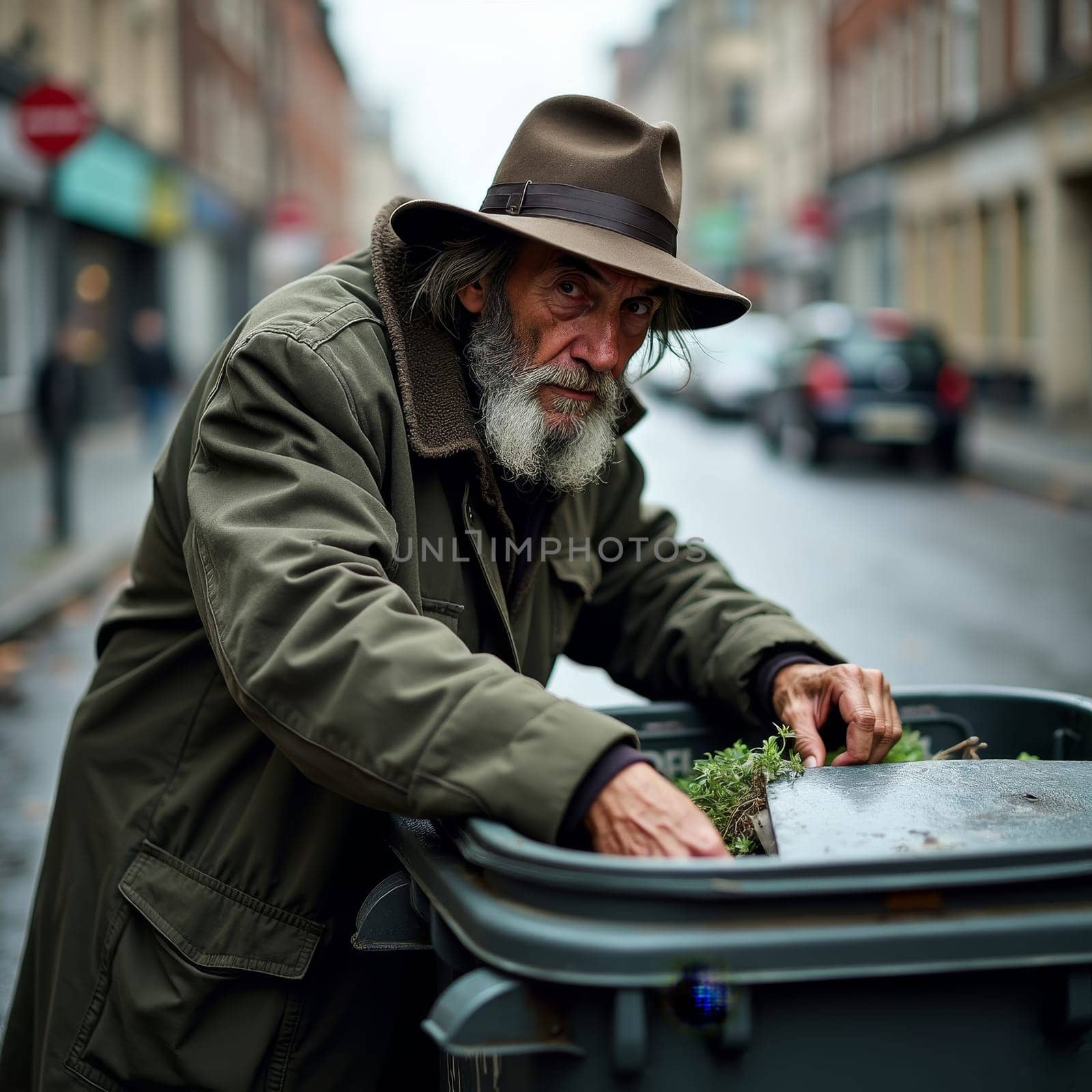 Bearded senior man in hat and coat searching through trash bin on urban street, depicting poverty and homelessness issues in society.