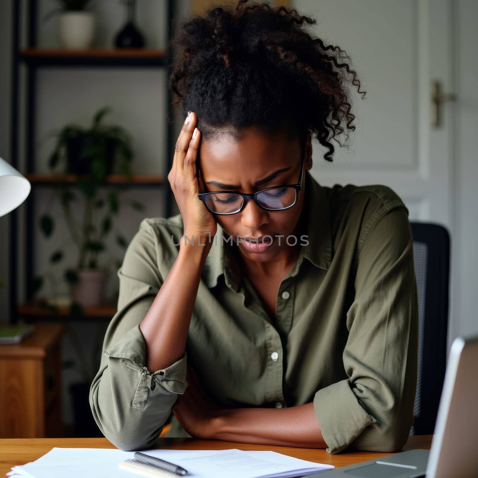 Frustrated African American woman with glasses and curly hair, holding her head while working at home, surrounded by plants, depicting work stress and remote job challenges.