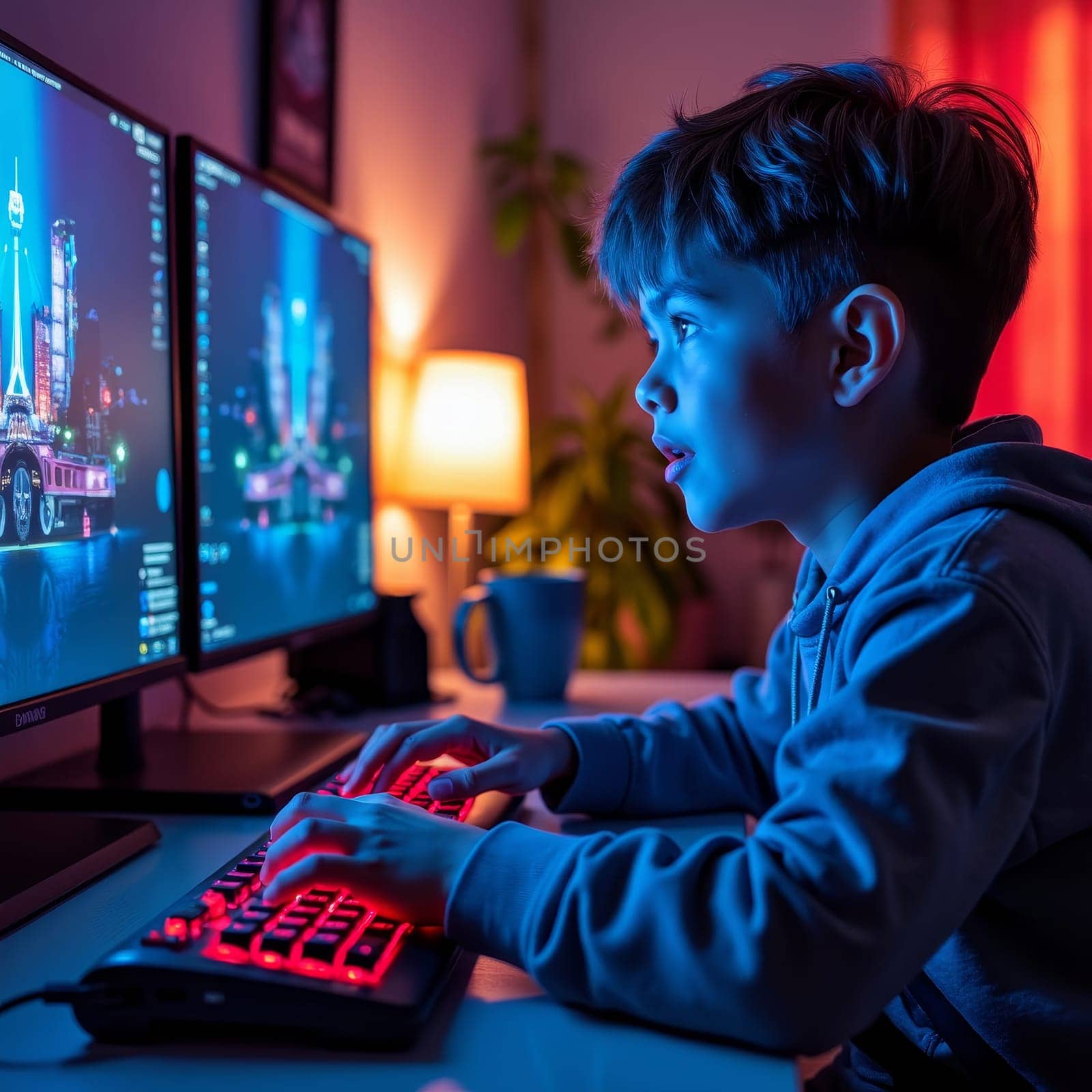 A focused boy plays video games on dual monitors in a dimly lit room, illuminated by colorful ambient lighting, showcasing modern youth entertainment.