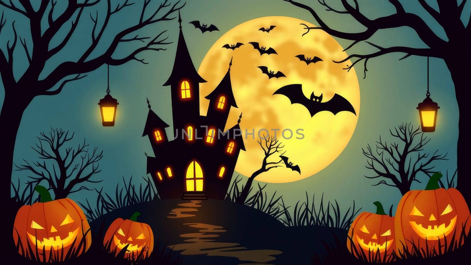 Eerie Halloween landscape with silhouette of haunted castle, glowing jack o' lanterns, bats flying against full moon, and bare trees with hanging lanterns.