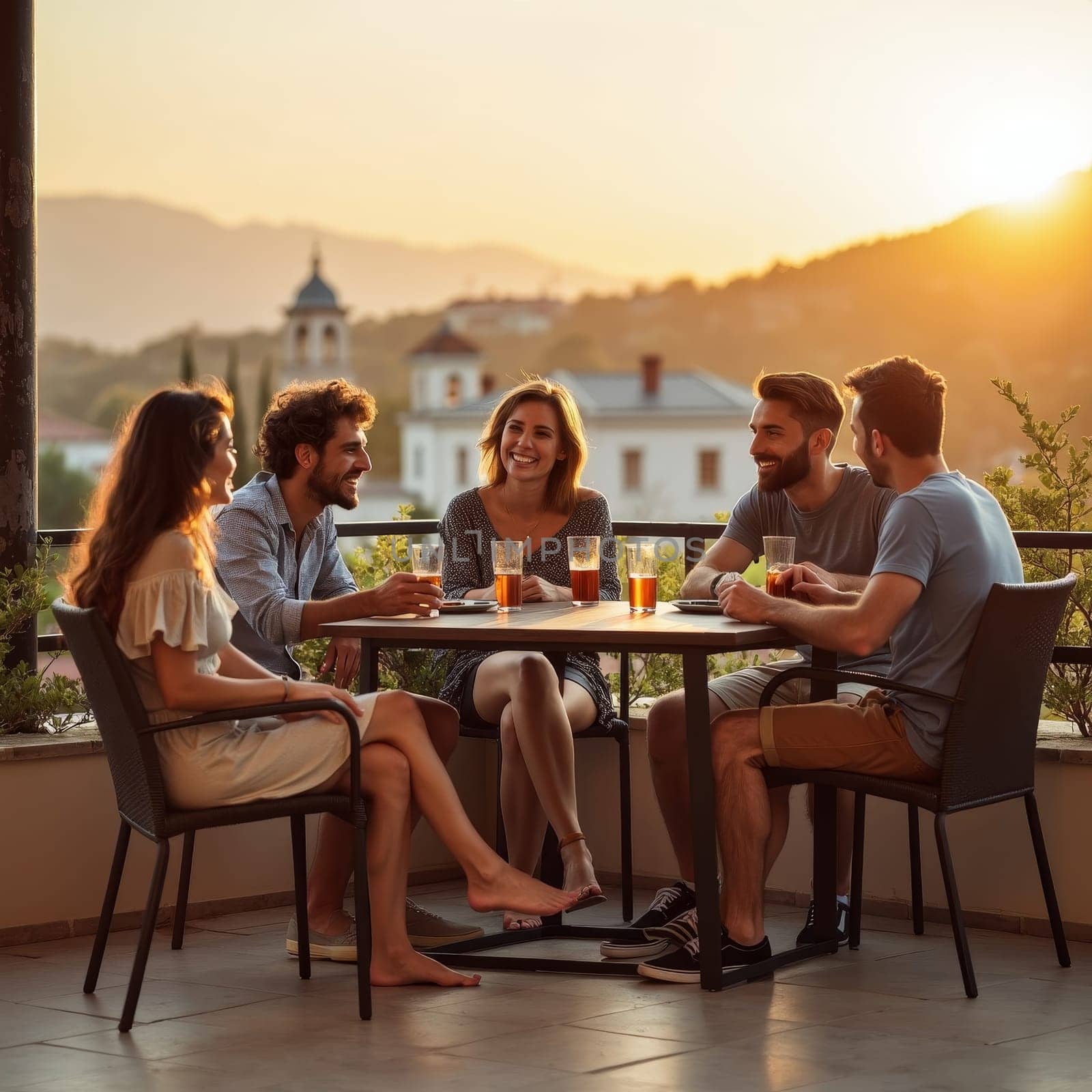 Group of young friends sharing drinks and conversation on a terrace overlooking a picturesque Mediterranean town at golden hour.