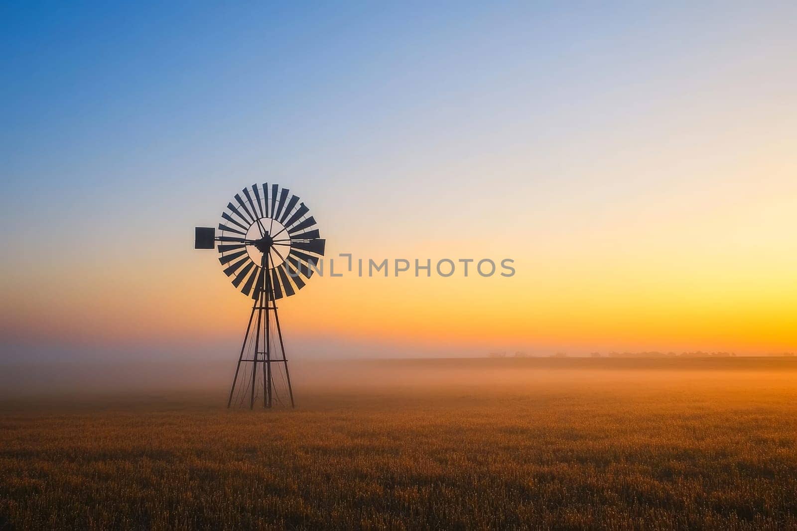 Majestic windmill silhouette against a vibrant golden sunset sky, overlooking a misty field of golden wheat, embodying rural tranquility and agricultural heritage.