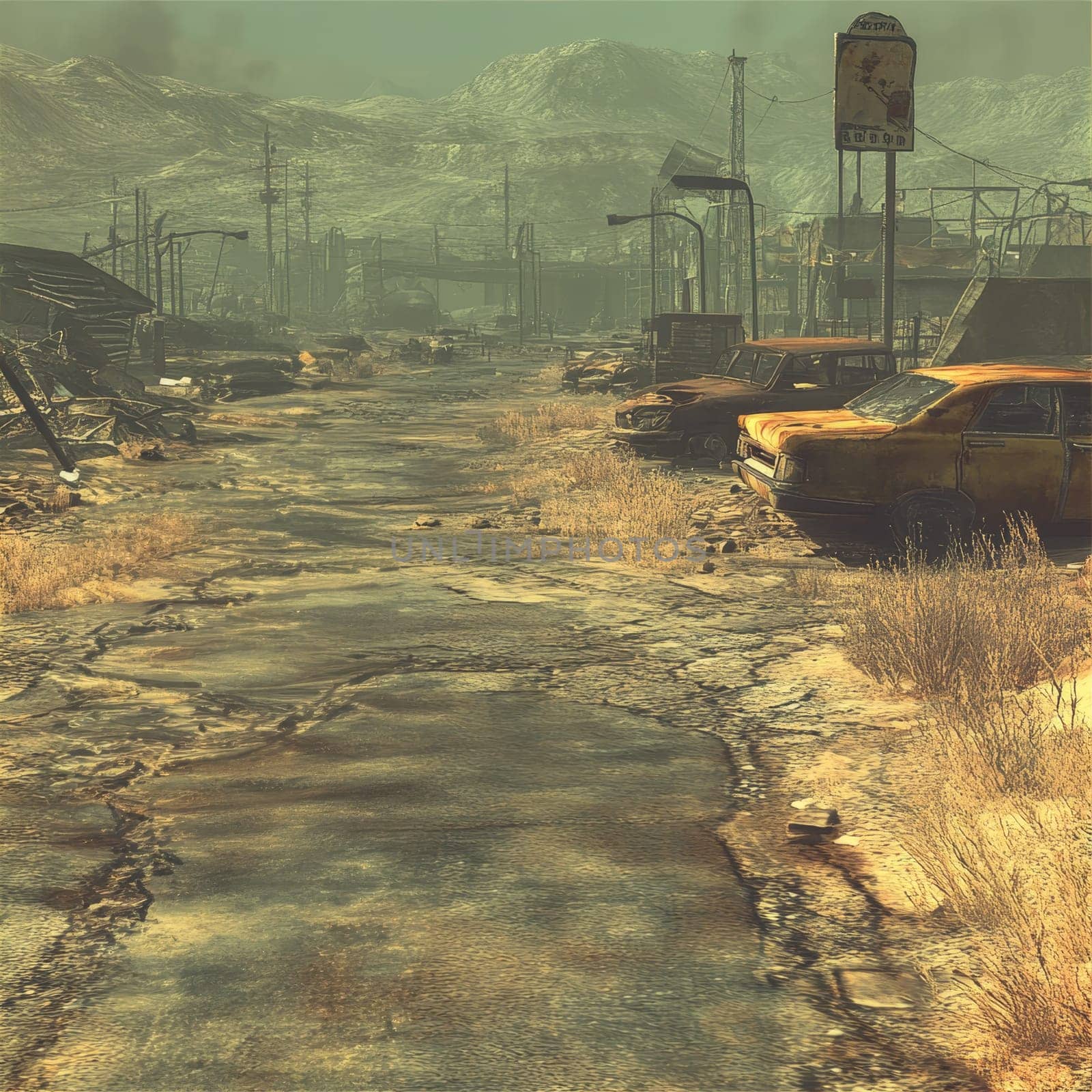 Submerged street in a devastated city with abandoned cars and ruined buildings, showcasing the aftermath of a catastrophic event in a post apocalyptic world.