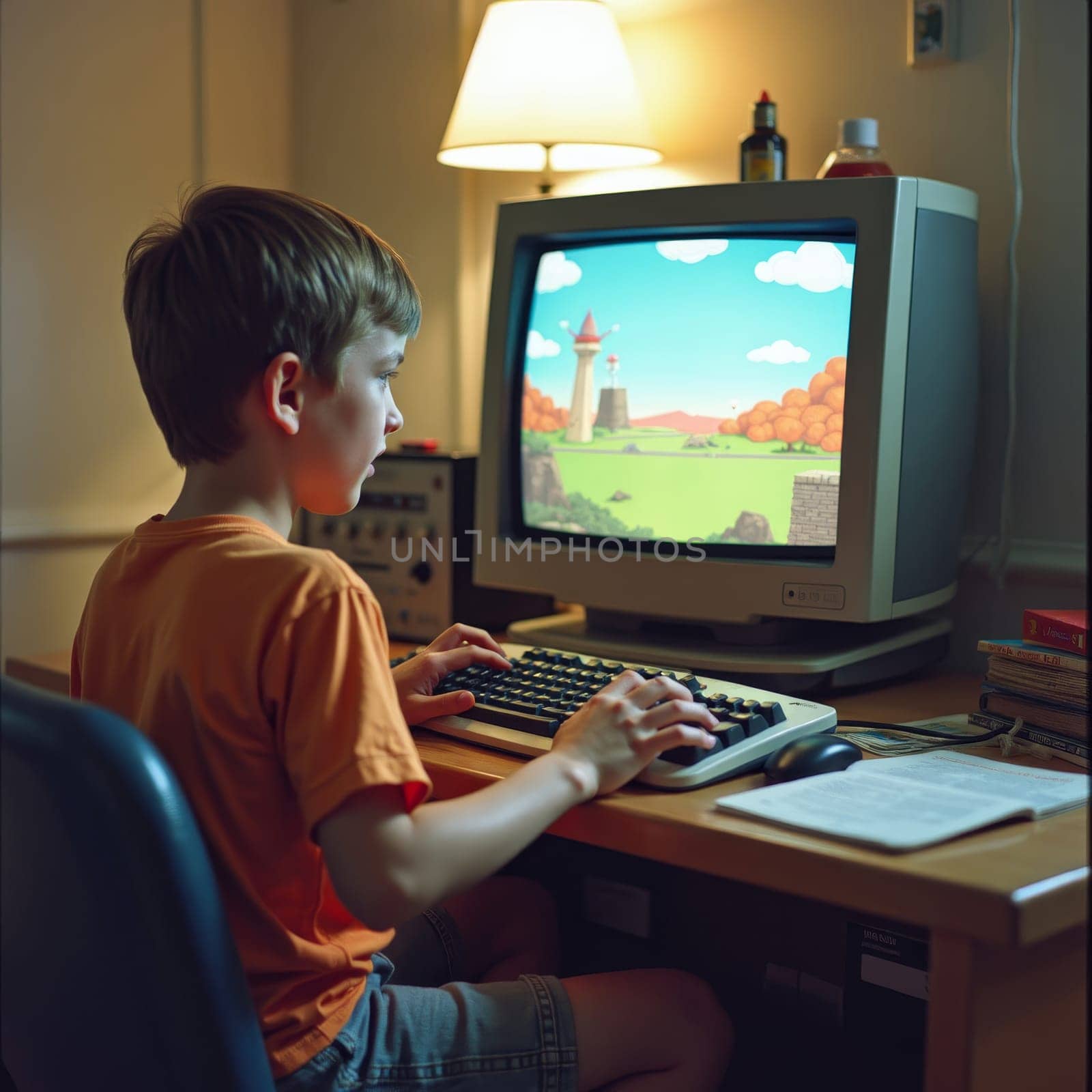 A young boy engrossed in an animated video game on a desktop computer, experiencing adventure and fun.