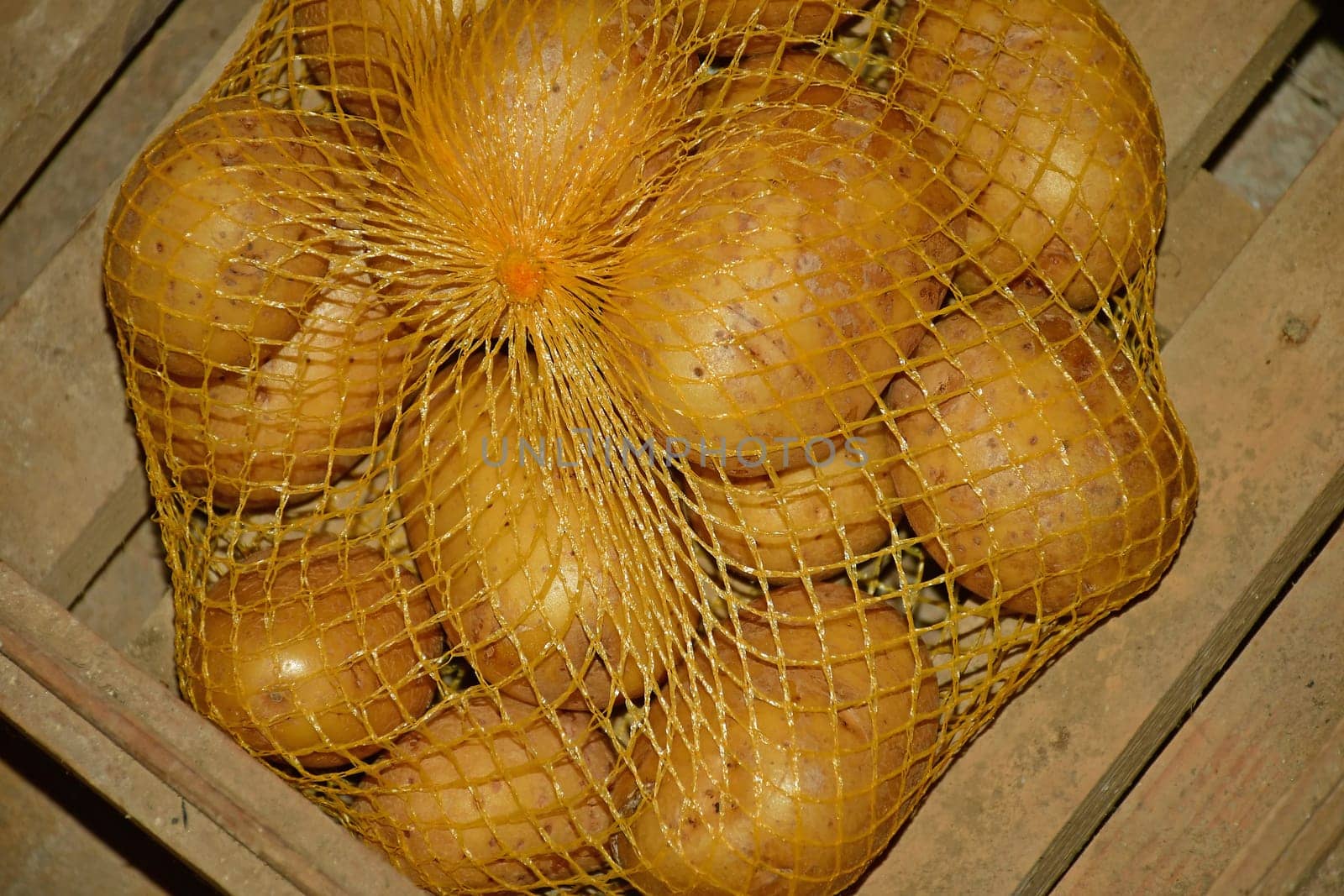 potatos in a net in a cellar