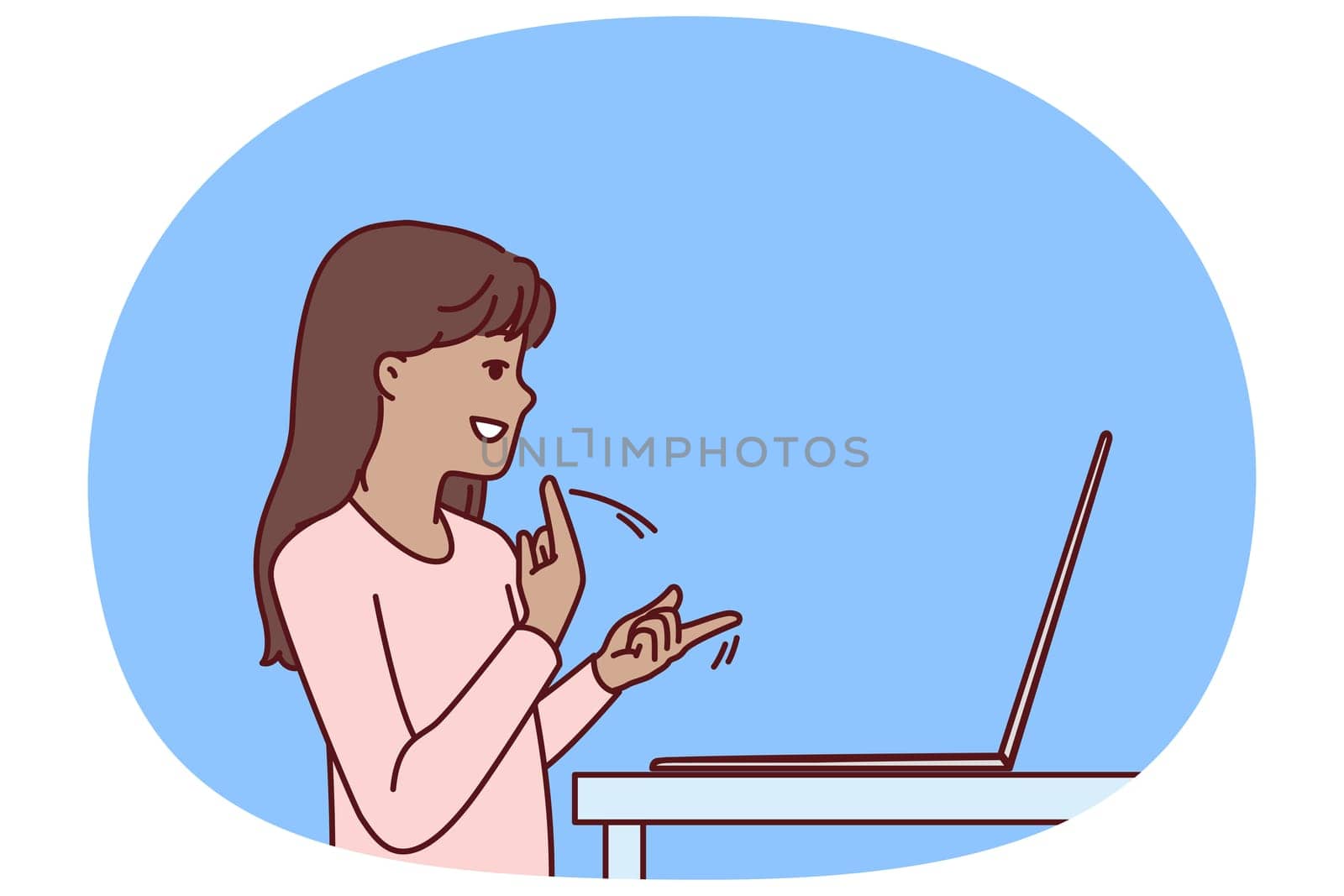 Silent teenage girl using laptop and sign language making video call to friends or school teacher for distance learning. Silent child gesturing standing near computer while learning to communicate