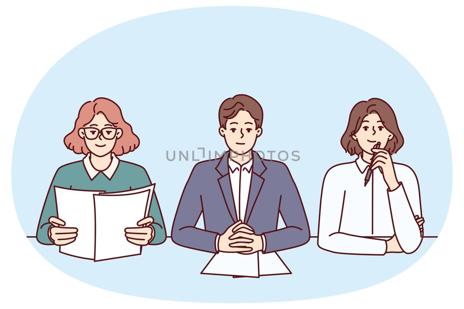 Business people from recruiting company with skeptical expression are conducting interview sitting at table in office. Man and two women work as HR managers and participate in recruiting processes