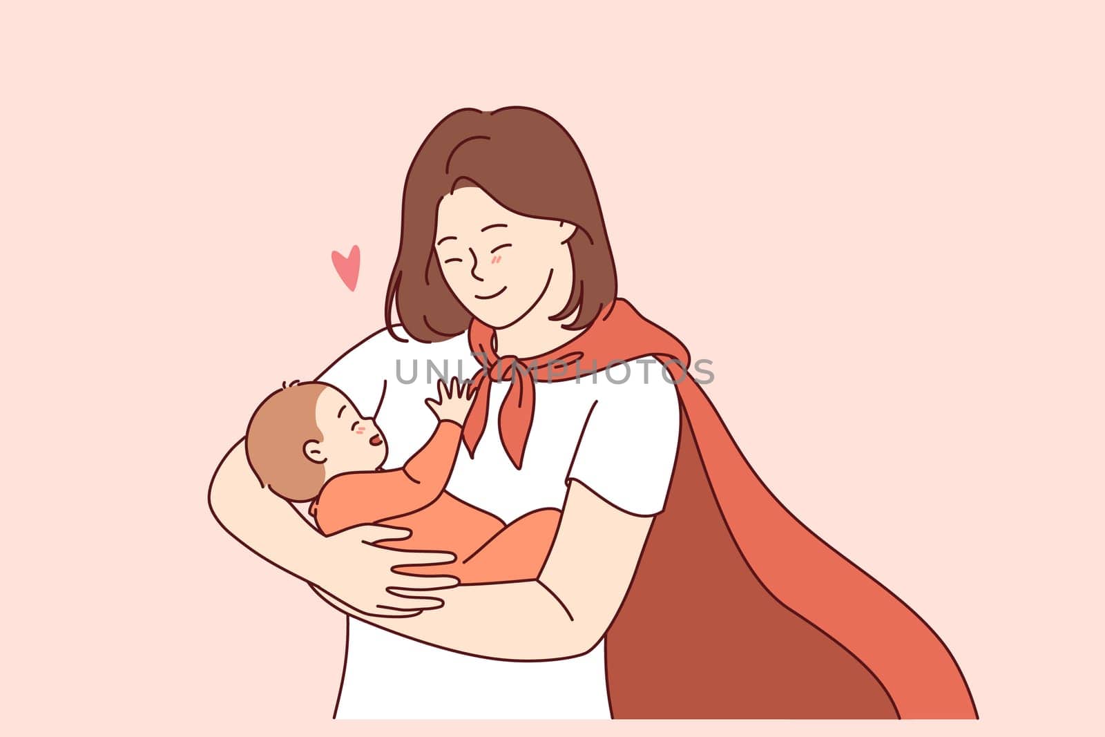 Supermom in red hero cape holds happy baby, smiling and rejoicing at birth of long-awaited son. Supermom with baby in arms, proud of motherhood and opportunity to give life to new human