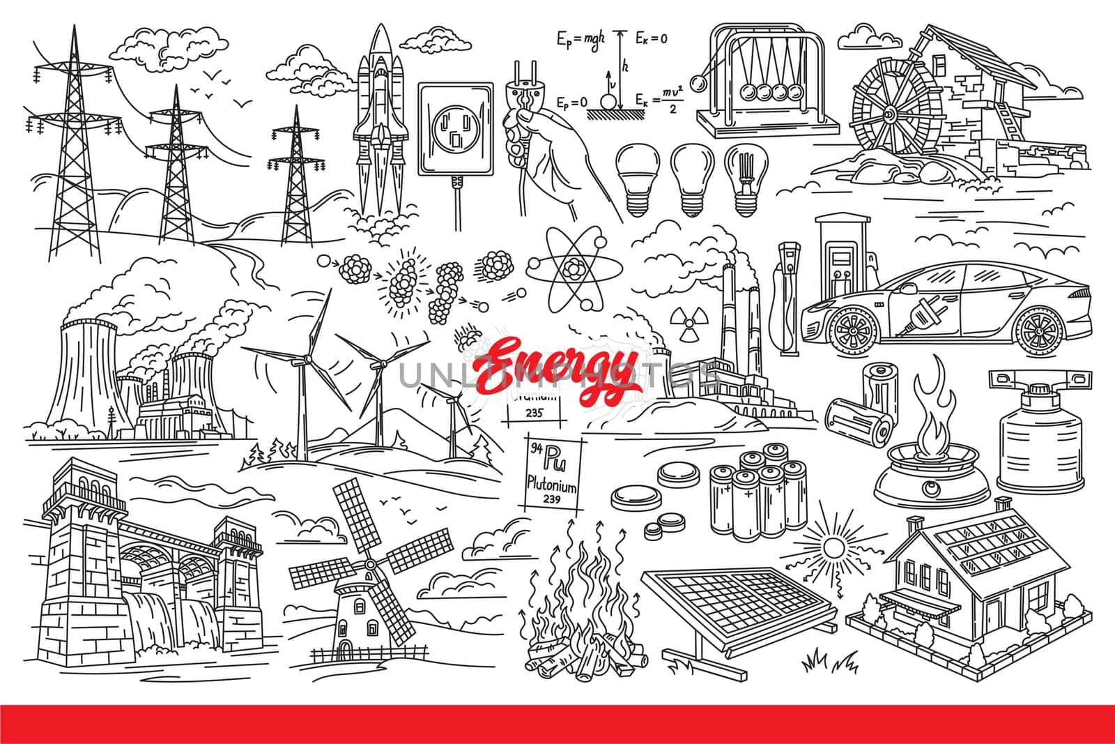 Energy industry with equipment for producing environmentally friendly electricity or gas. Energy equipment for producing electricity from renewable sources or minerals and water. Hand drawn