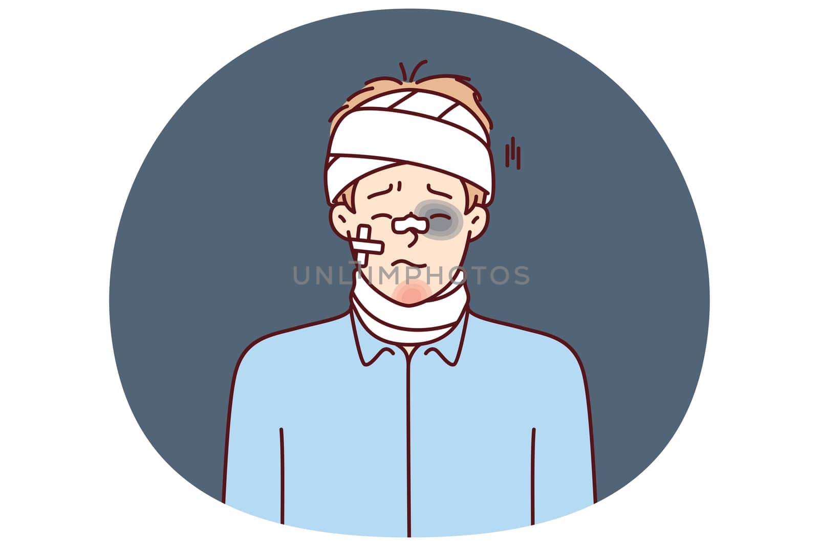 Beaten man with bandages on head and band-aid on face after accident or catastrophe needs medical help. Guy with hematomas and bruises after being beaten by hooligans or falling from great height