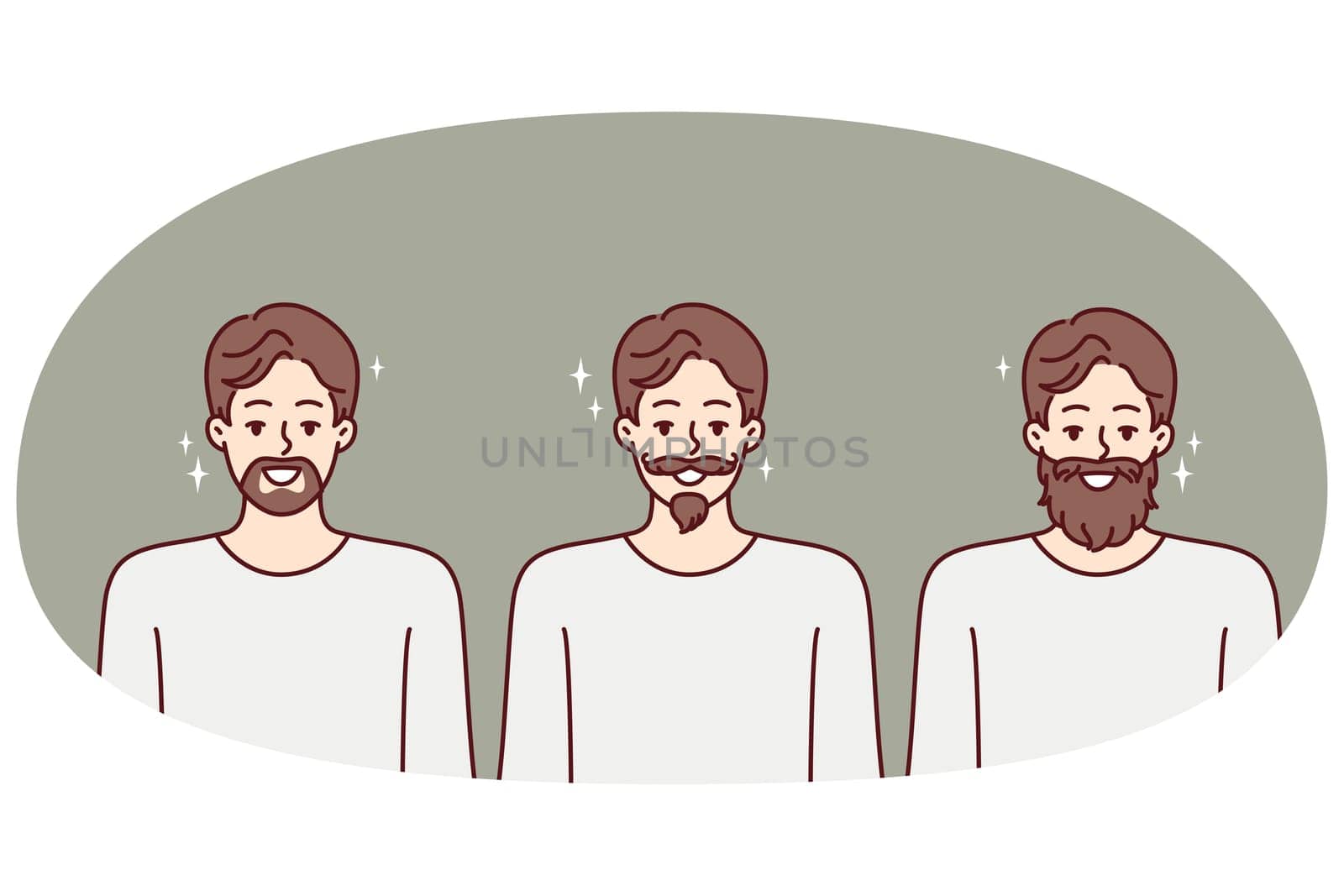 Men with different style mustaches and beards for advertising hipster barbershop or beauty salon. Hipster boys smiling showing off youthful haircut and trendy beard made in barbershop