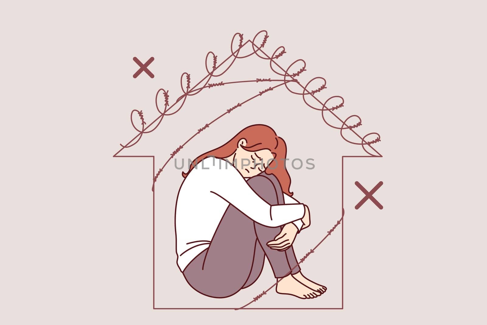 Woman victim of domestic violence sits in prison shaped like barbed wire house, in need of psychological support. Problem of domestic violence causes apathy in girl due to mental pressure from husband