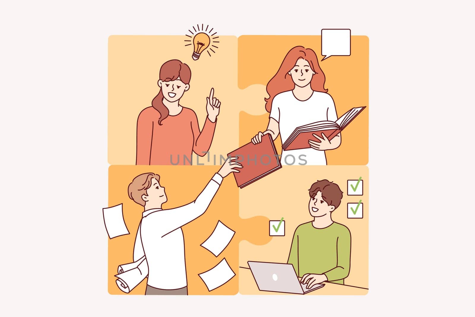 Successful team of friendly people who form single puzzle thanks to synergy and collaboration. Professional group with laptop or papers carry out complex projects after team building activities