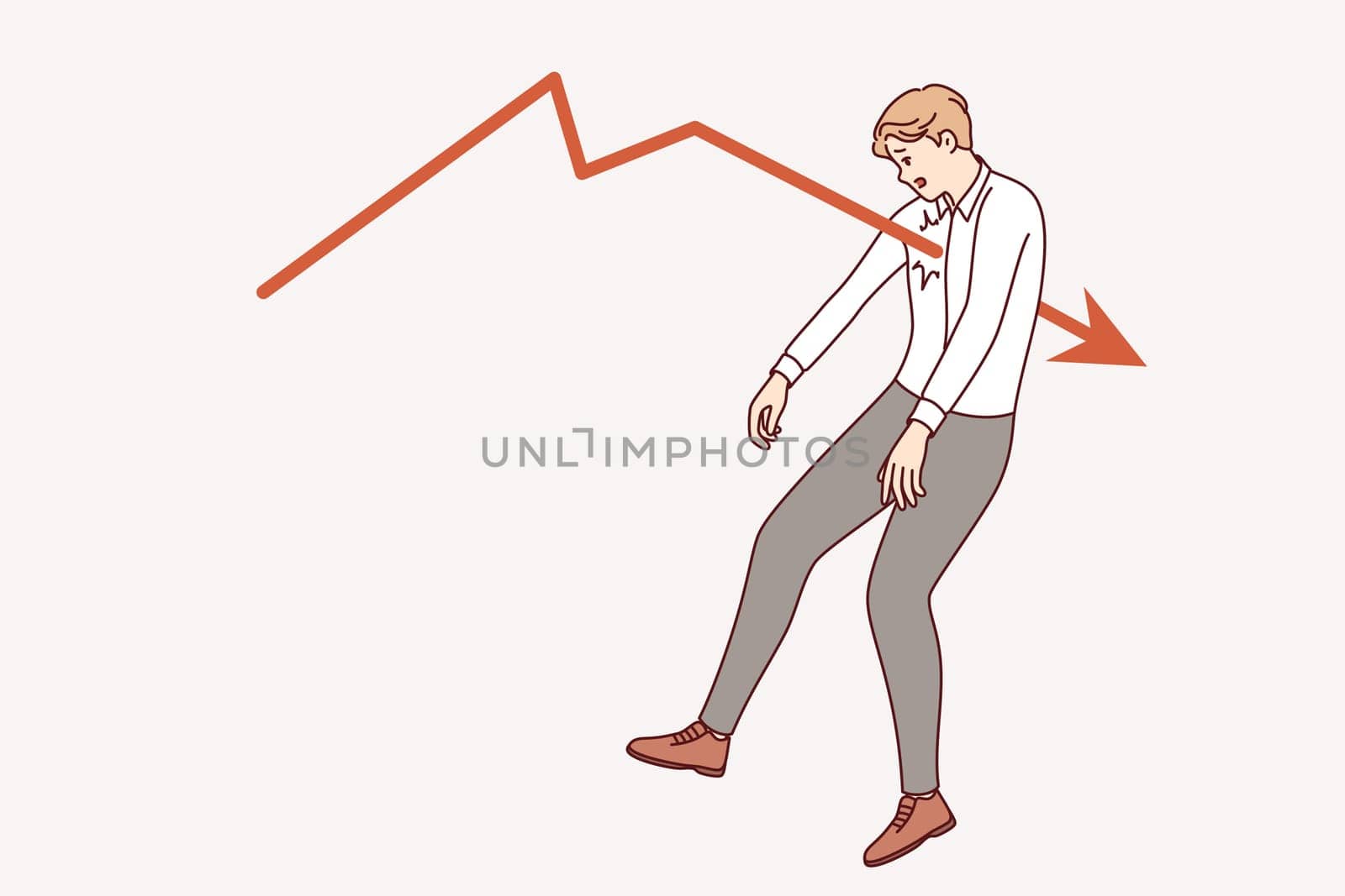 Business man, victim of crisis and recession, was wounded by financial falling chart symbolizing inflation. Businessman or investor went bankrupt or lost job because of crisis in labor market