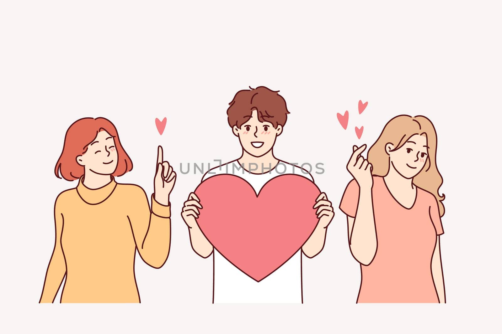 Love triangle between man with big heart and two girlfriends vying for attention of attractive guy. Love triangle among young people choosing open relationships and polygamy as lifestyle
