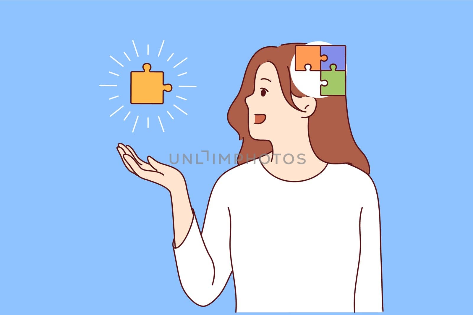 Process of self-discovery in girl with puzzle in head and hands, exploring own thoughts and behavior. Importance of self-discovery for personality development or maintaining psychological balance