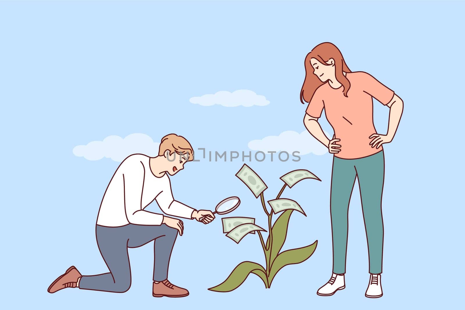 Family investment from man and woman growing money tree together to save for honeymoon or buying property. Spouses engage in family investments to achieve financial freedom and freedom from debt.