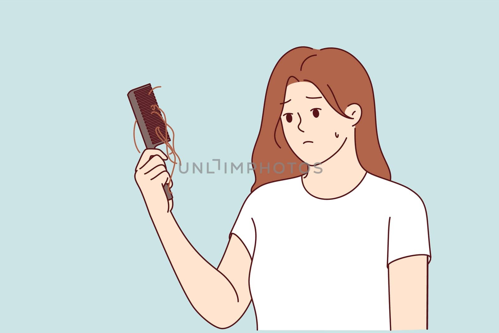 Hair loss upsets woman with comb in hand, suffering from lack of calcium in body or use of low-quality shampoo. Problem of hair loss causes stress and depression in girl who sees symptoms of baldness