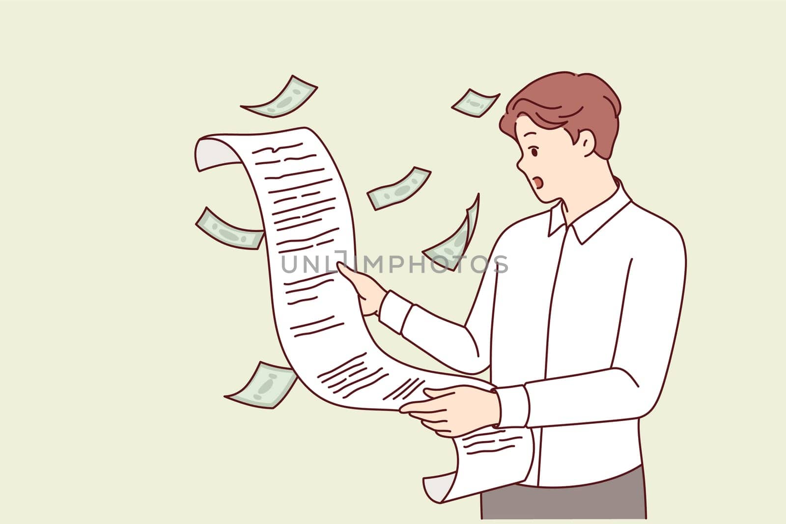 Tax burden and bill from federal government shocks man who opens mouth after reading letter from tax inspector. Upset guy suffered financial losses due to lack of accountant and unreasonable expenses