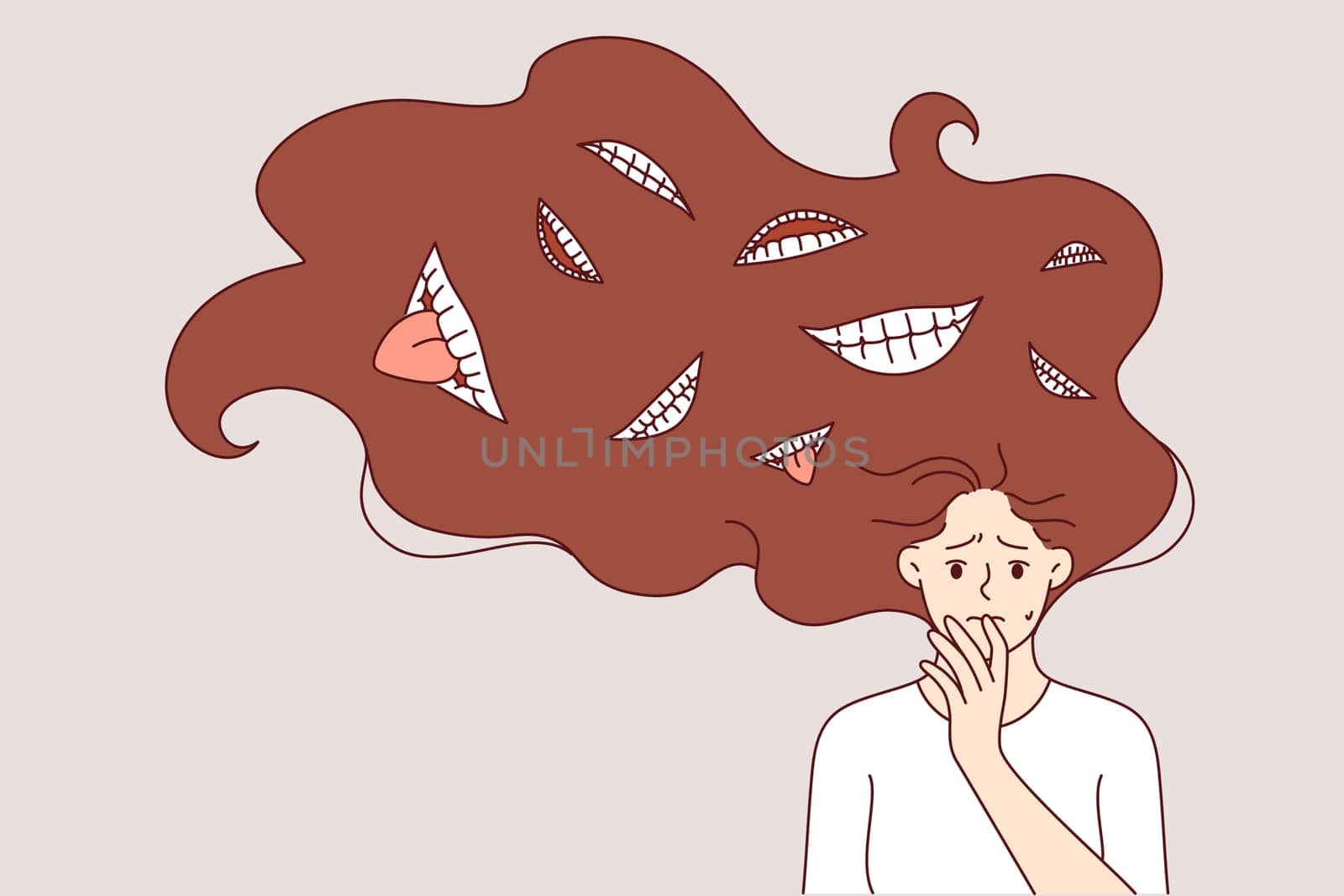 Schizophrenia and psychological health disorder in woman, with teeth and tongues in hair. Girl experiences panic attack due to schizophrenia or personality destruction causing insanity