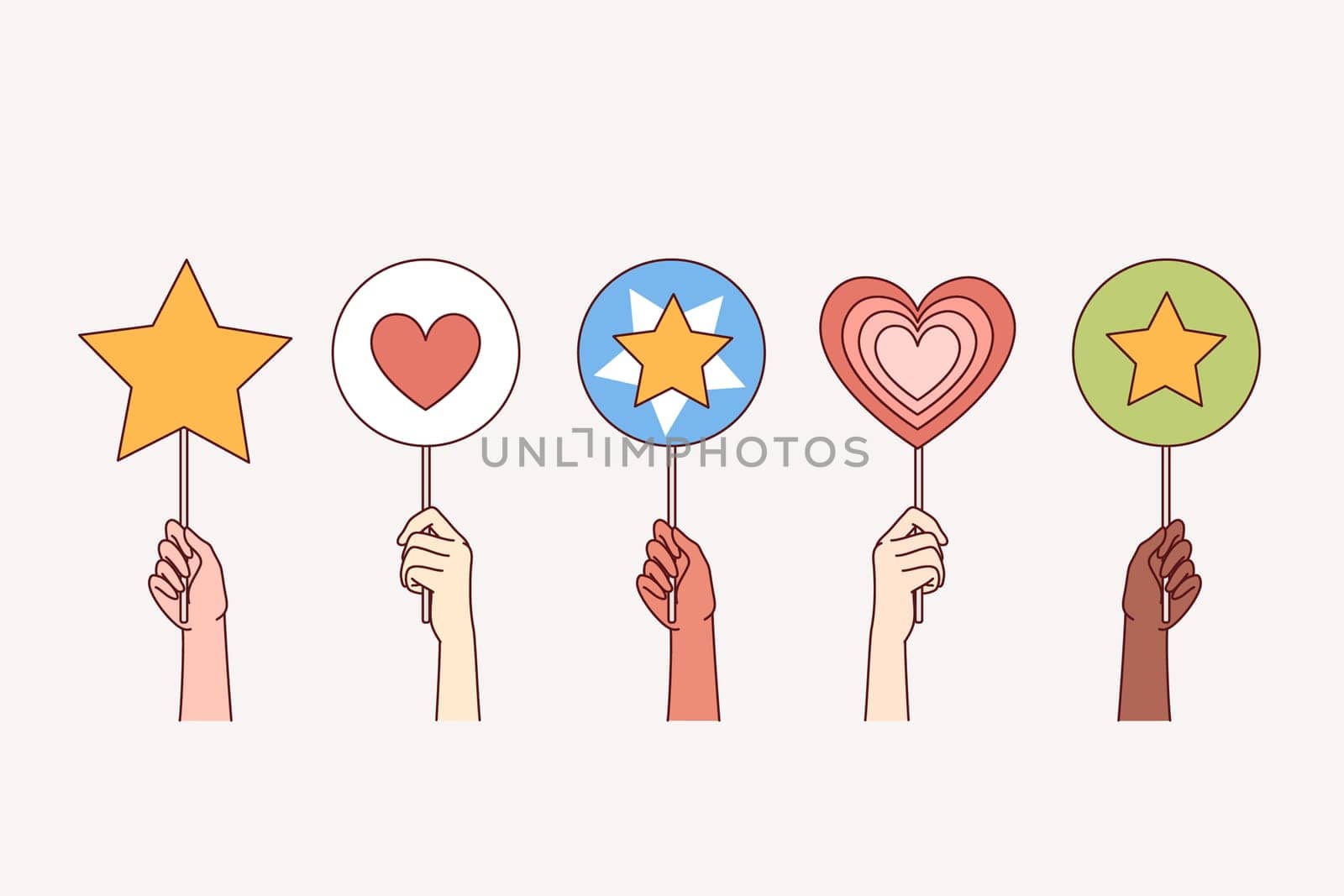 People hold up rating signs with hearts and stars, symbolizing support and approval for company or blogger. Rating marks of positive feedback from users and clients who have used services